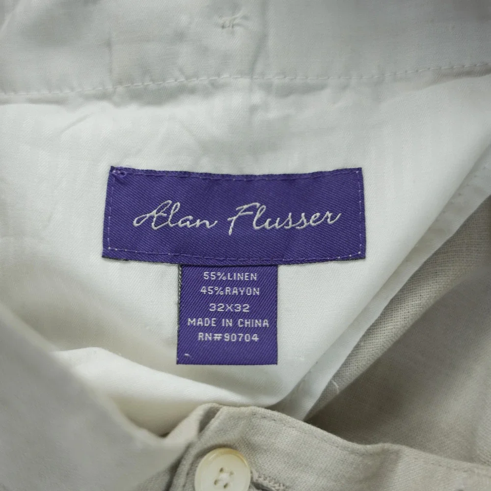 Alan Flusser Mens Linen Blend Flat Front Trousers Beige Stone 32x32 Straight Leg